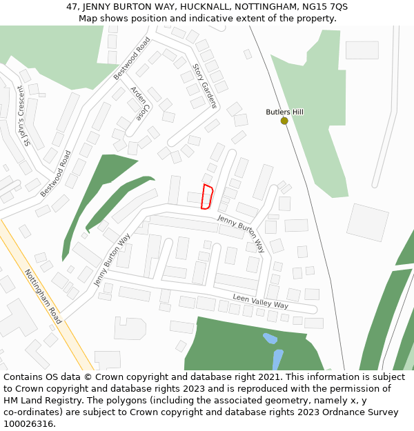 47, JENNY BURTON WAY, HUCKNALL, NOTTINGHAM, NG15 7QS: Location map and indicative extent of plot