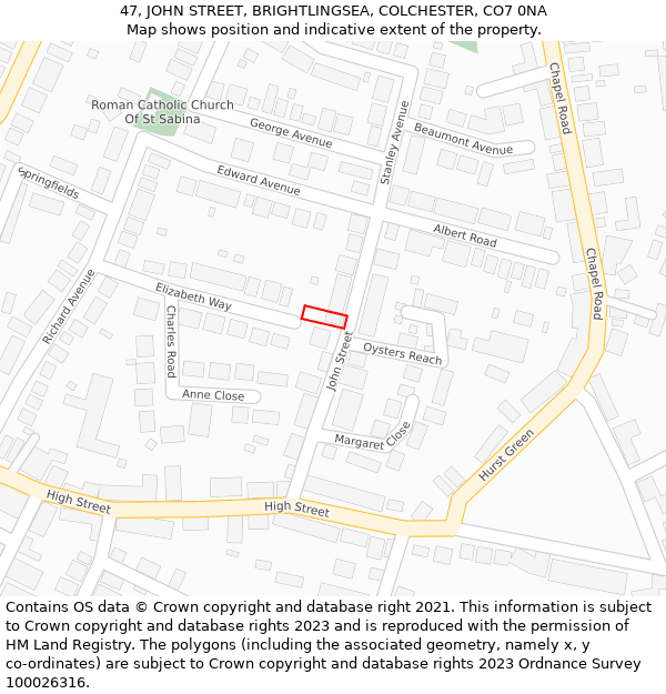 47, JOHN STREET, BRIGHTLINGSEA, COLCHESTER, CO7 0NA: Location map and indicative extent of plot