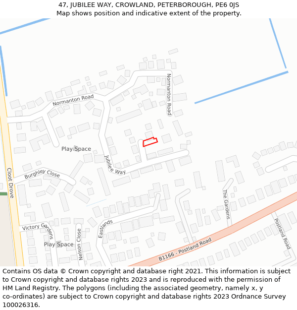 47, JUBILEE WAY, CROWLAND, PETERBOROUGH, PE6 0JS: Location map and indicative extent of plot