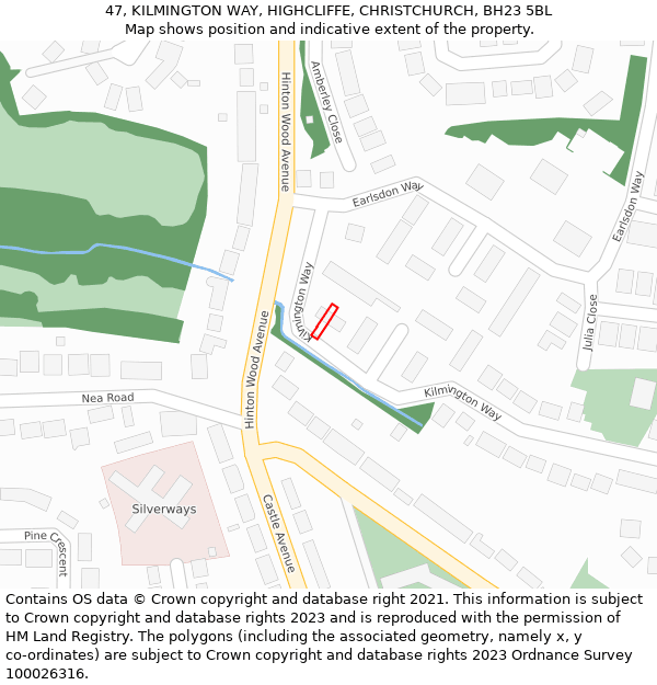 47, KILMINGTON WAY, HIGHCLIFFE, CHRISTCHURCH, BH23 5BL: Location map and indicative extent of plot