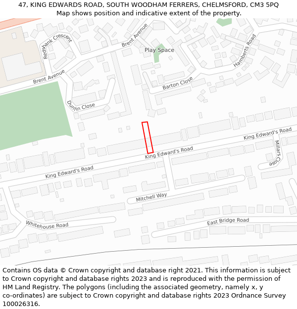 47, KING EDWARDS ROAD, SOUTH WOODHAM FERRERS, CHELMSFORD, CM3 5PQ: Location map and indicative extent of plot