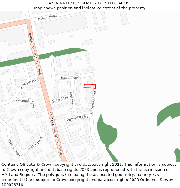 47, KINNERSLEY ROAD, ALCESTER, B49 6FJ: Location map and indicative extent of plot