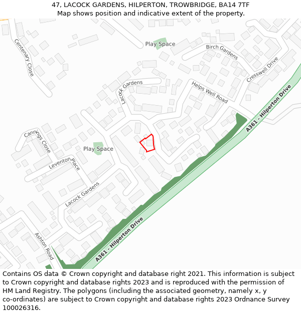 47, LACOCK GARDENS, HILPERTON, TROWBRIDGE, BA14 7TF: Location map and indicative extent of plot