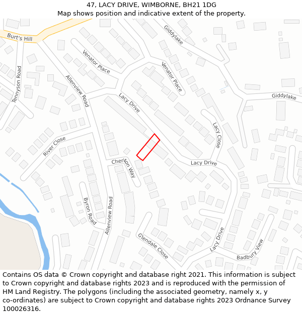 47, LACY DRIVE, WIMBORNE, BH21 1DG: Location map and indicative extent of plot