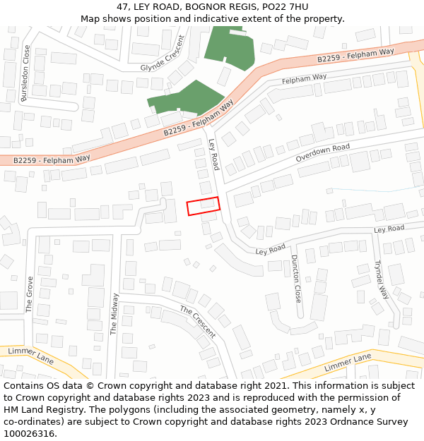 47, LEY ROAD, BOGNOR REGIS, PO22 7HU: Location map and indicative extent of plot