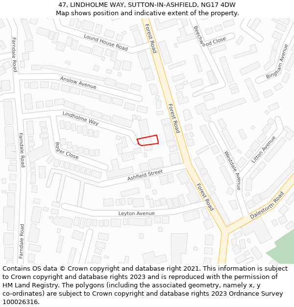 47, LINDHOLME WAY, SUTTON-IN-ASHFIELD, NG17 4DW: Location map and indicative extent of plot