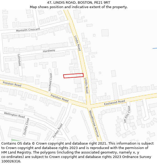 47, LINDIS ROAD, BOSTON, PE21 9RT: Location map and indicative extent of plot