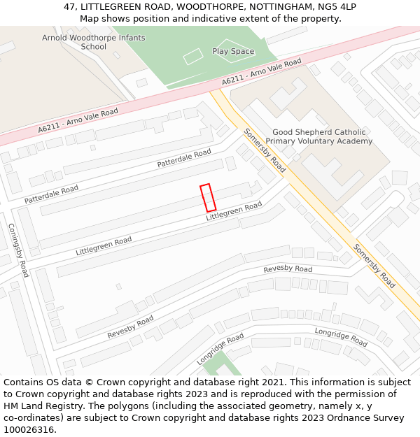 47, LITTLEGREEN ROAD, WOODTHORPE, NOTTINGHAM, NG5 4LP: Location map and indicative extent of plot