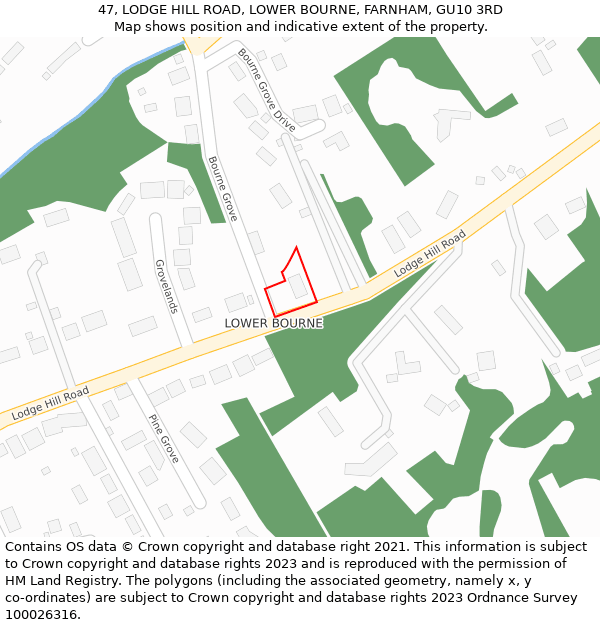 47, LODGE HILL ROAD, LOWER BOURNE, FARNHAM, GU10 3RD: Location map and indicative extent of plot