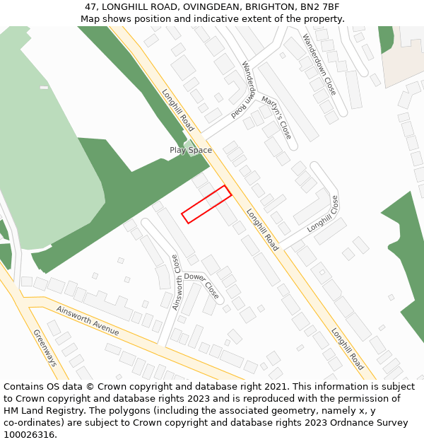 47, LONGHILL ROAD, OVINGDEAN, BRIGHTON, BN2 7BF: Location map and indicative extent of plot