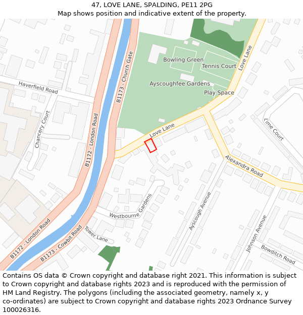 47, LOVE LANE, SPALDING, PE11 2PG: Location map and indicative extent of plot