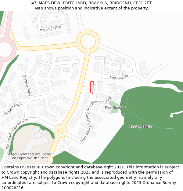 47, MAES DEWI PRITCHARD, BRACKLA, BRIDGEND, CF31 2ET: Location map and indicative extent of plot