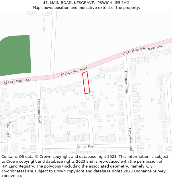 47, MAIN ROAD, KESGRAVE, IPSWICH, IP5 1AG: Location map and indicative extent of plot