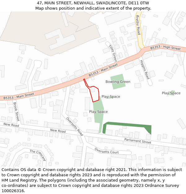 47, MAIN STREET, NEWHALL, SWADLINCOTE, DE11 0TW: Location map and indicative extent of plot