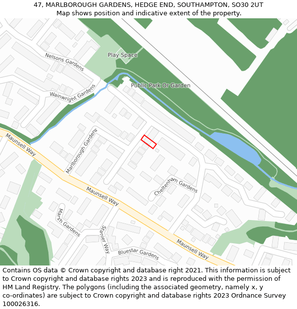 47, MARLBOROUGH GARDENS, HEDGE END, SOUTHAMPTON, SO30 2UT: Location map and indicative extent of plot