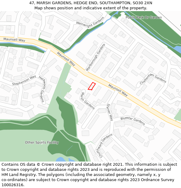 47, MARSH GARDENS, HEDGE END, SOUTHAMPTON, SO30 2XN: Location map and indicative extent of plot