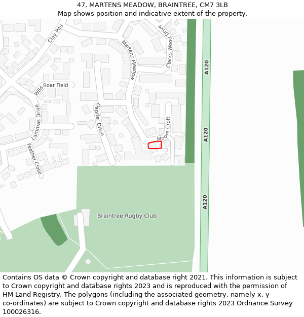 47, MARTENS MEADOW, BRAINTREE, CM7 3LB: Location map and indicative extent of plot