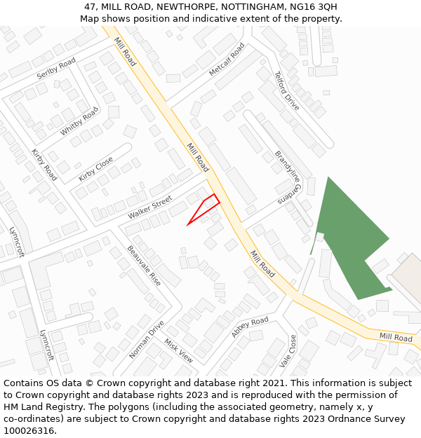 47, MILL ROAD, NEWTHORPE, NOTTINGHAM, NG16 3QH: Location map and indicative extent of plot