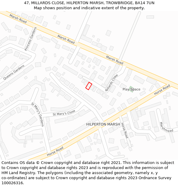 47, MILLARDS CLOSE, HILPERTON MARSH, TROWBRIDGE, BA14 7UN: Location map and indicative extent of plot