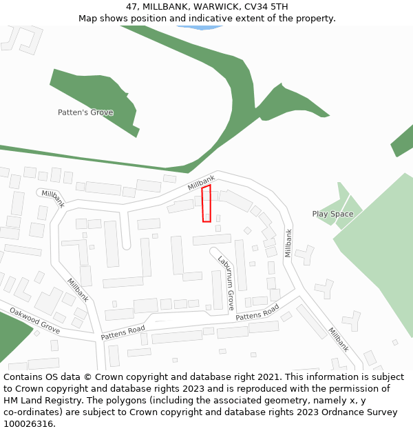 47, MILLBANK, WARWICK, CV34 5TH: Location map and indicative extent of plot