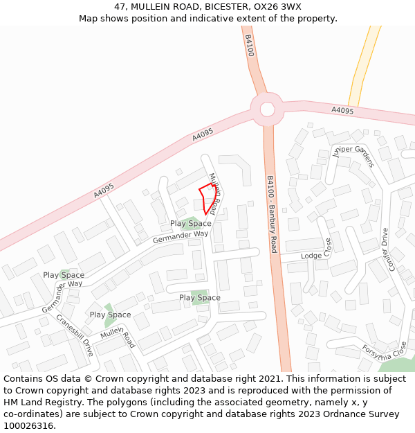 47, MULLEIN ROAD, BICESTER, OX26 3WX: Location map and indicative extent of plot