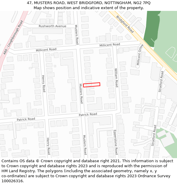 47, MUSTERS ROAD, WEST BRIDGFORD, NOTTINGHAM, NG2 7PQ: Location map and indicative extent of plot