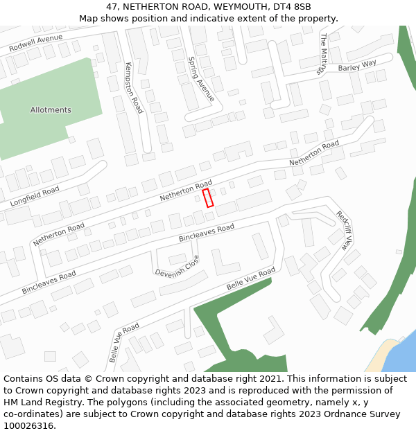 47, NETHERTON ROAD, WEYMOUTH, DT4 8SB: Location map and indicative extent of plot