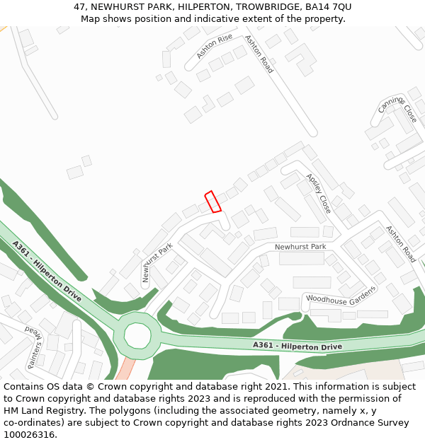 47, NEWHURST PARK, HILPERTON, TROWBRIDGE, BA14 7QU: Location map and indicative extent of plot