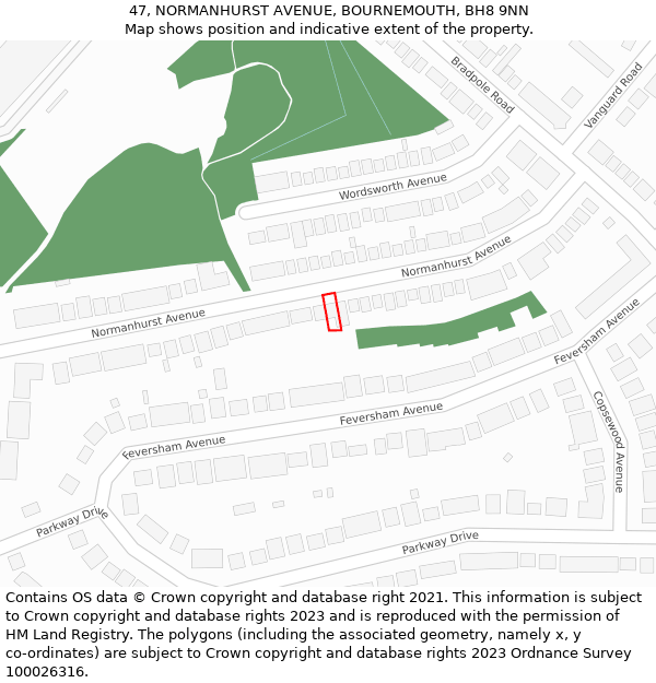 47, NORMANHURST AVENUE, BOURNEMOUTH, BH8 9NN: Location map and indicative extent of plot