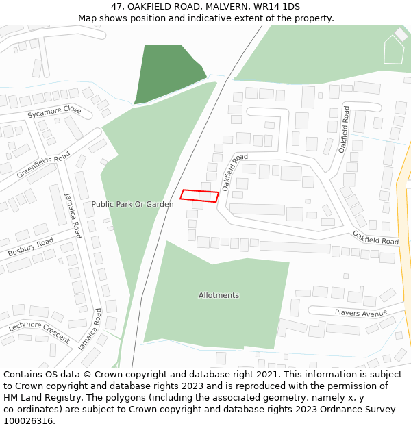 47, OAKFIELD ROAD, MALVERN, WR14 1DS: Location map and indicative extent of plot