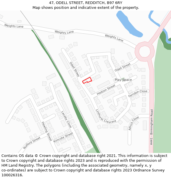 47, ODELL STREET, REDDITCH, B97 6RY: Location map and indicative extent of plot