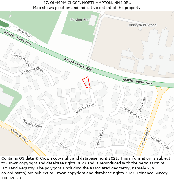 47, OLYMPIA CLOSE, NORTHAMPTON, NN4 0RU: Location map and indicative extent of plot
