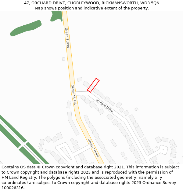 47, ORCHARD DRIVE, CHORLEYWOOD, RICKMANSWORTH, WD3 5QN: Location map and indicative extent of plot