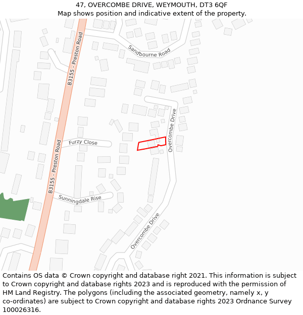 47, OVERCOMBE DRIVE, WEYMOUTH, DT3 6QF: Location map and indicative extent of plot