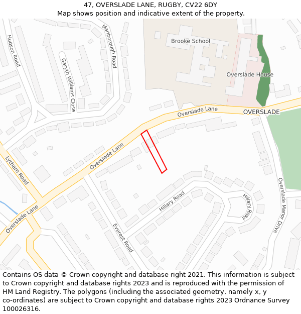 47, OVERSLADE LANE, RUGBY, CV22 6DY: Location map and indicative extent of plot