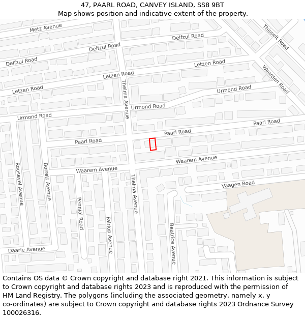 47, PAARL ROAD, CANVEY ISLAND, SS8 9BT: Location map and indicative extent of plot