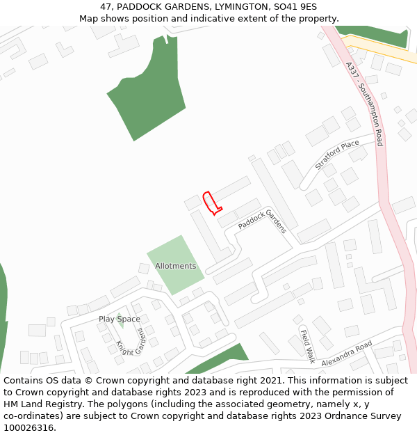 47, PADDOCK GARDENS, LYMINGTON, SO41 9ES: Location map and indicative extent of plot