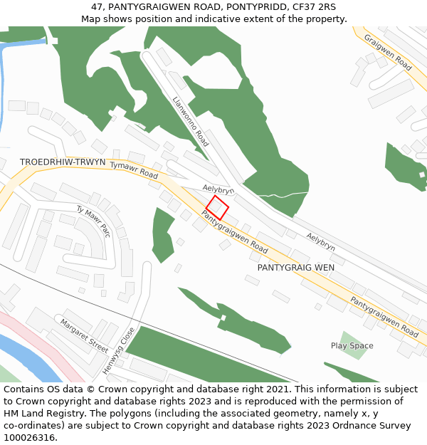 47, PANTYGRAIGWEN ROAD, PONTYPRIDD, CF37 2RS: Location map and indicative extent of plot