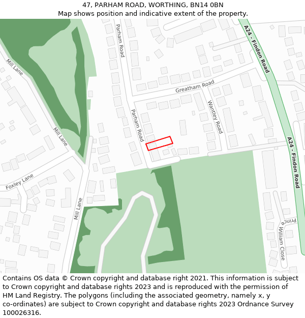 47, PARHAM ROAD, WORTHING, BN14 0BN: Location map and indicative extent of plot