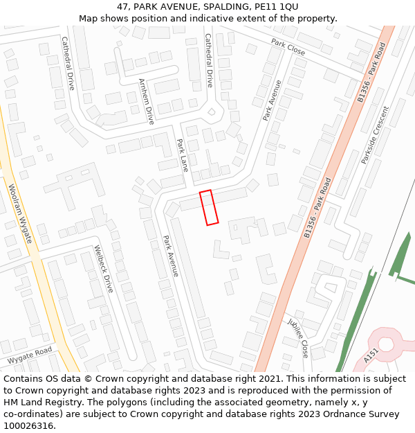 47, PARK AVENUE, SPALDING, PE11 1QU: Location map and indicative extent of plot