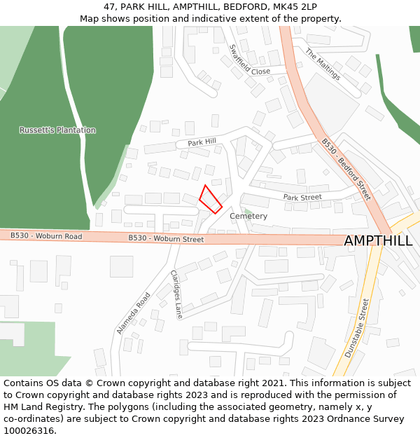 47, PARK HILL, AMPTHILL, BEDFORD, MK45 2LP: Location map and indicative extent of plot