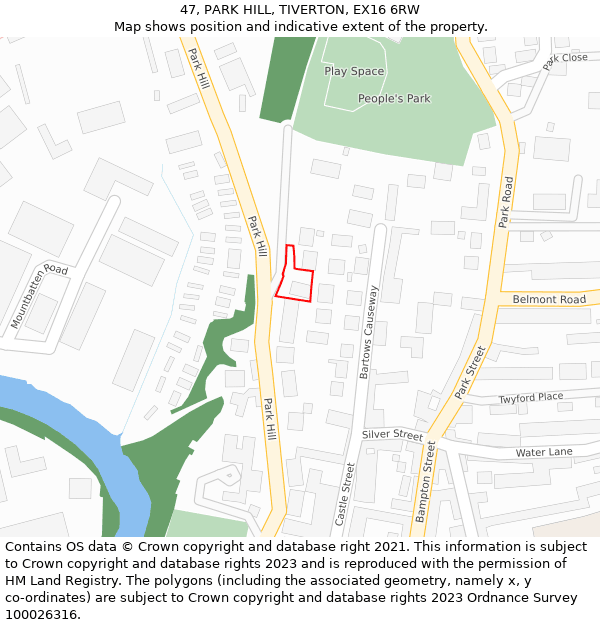 47, PARK HILL, TIVERTON, EX16 6RW: Location map and indicative extent of plot