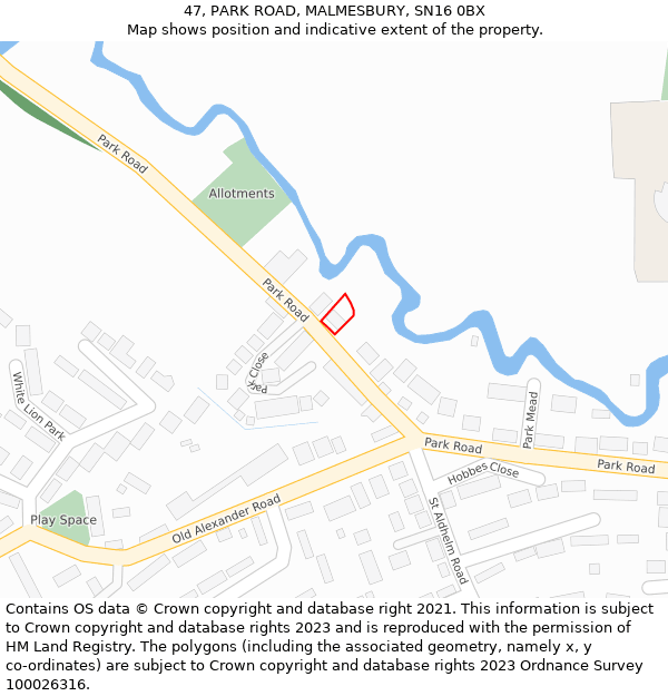 47, PARK ROAD, MALMESBURY, SN16 0BX: Location map and indicative extent of plot