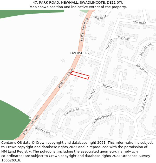 47, PARK ROAD, NEWHALL, SWADLINCOTE, DE11 0TU: Location map and indicative extent of plot