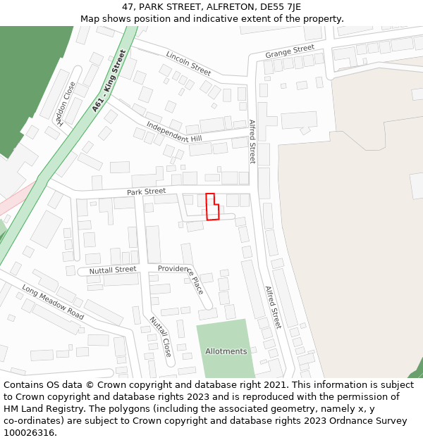 47, PARK STREET, ALFRETON, DE55 7JE: Location map and indicative extent of plot