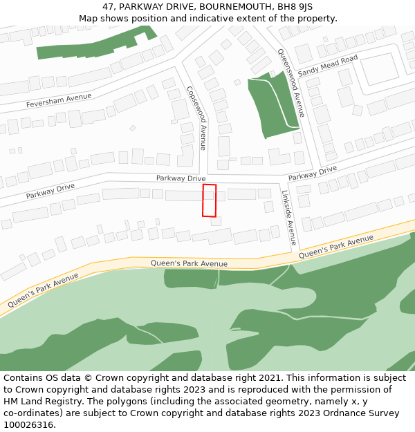 47, PARKWAY DRIVE, BOURNEMOUTH, BH8 9JS: Location map and indicative extent of plot