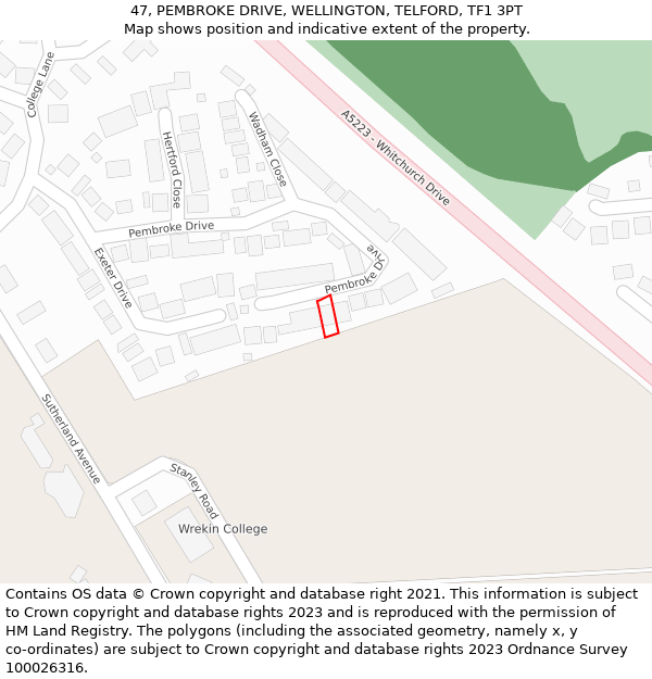 47, PEMBROKE DRIVE, WELLINGTON, TELFORD, TF1 3PT: Location map and indicative extent of plot