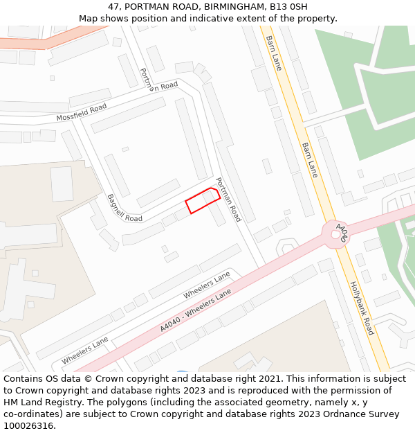 47, PORTMAN ROAD, BIRMINGHAM, B13 0SH: Location map and indicative extent of plot