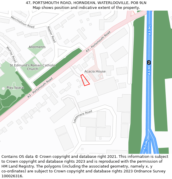 47, PORTSMOUTH ROAD, HORNDEAN, WATERLOOVILLE, PO8 9LN: Location map and indicative extent of plot