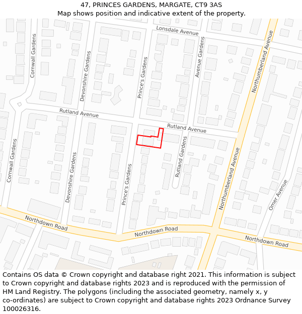 47, PRINCES GARDENS, MARGATE, CT9 3AS: Location map and indicative extent of plot